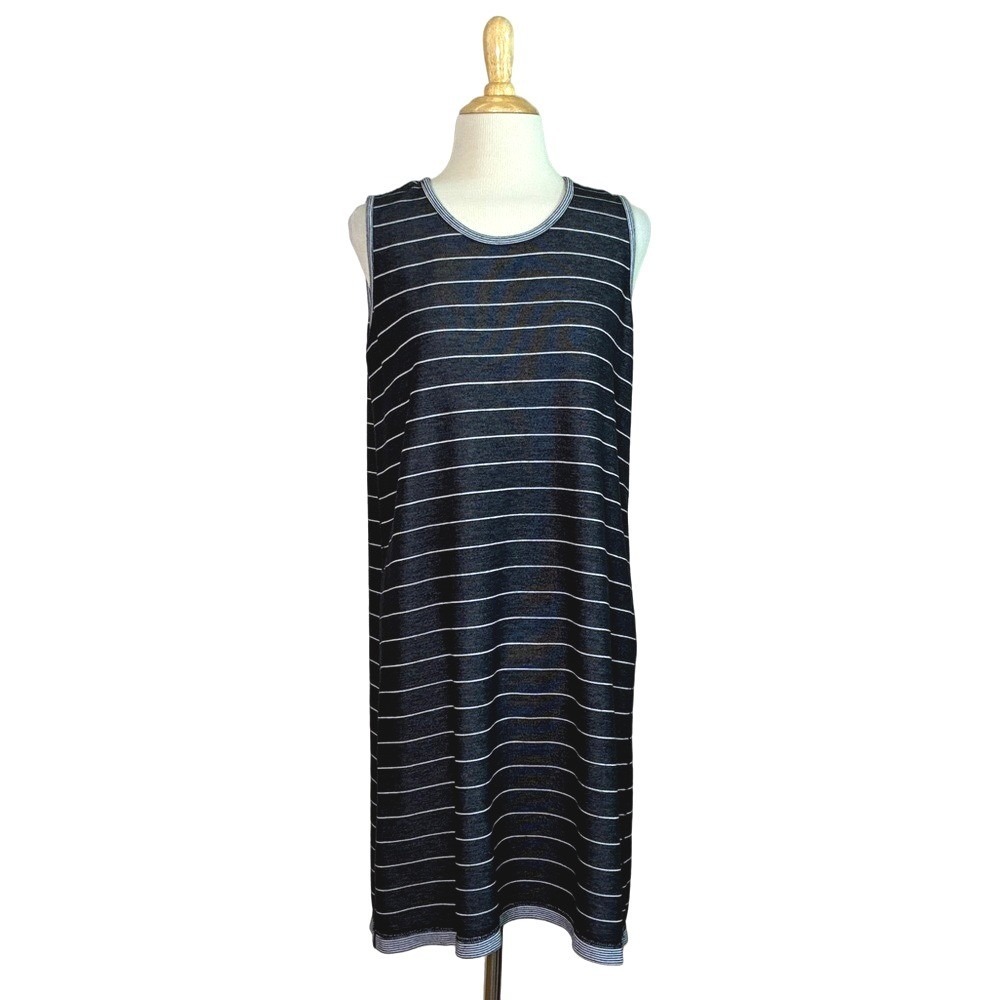 LAND'S END Women Medium Charcoal Grey Striped Tank Dress Comfy Minimalist Basic